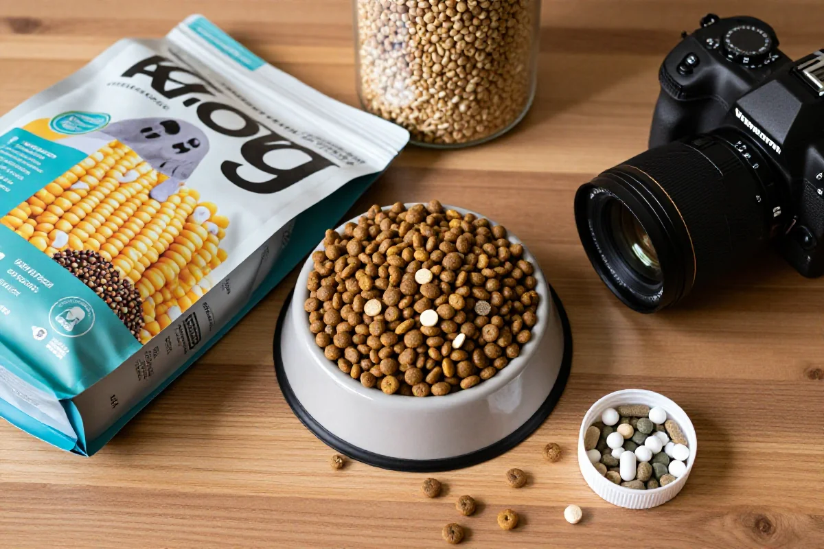 Ulike ingredienser i hundemat inkludert korn og kibble.