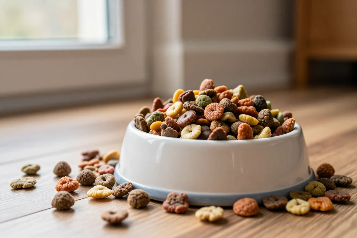 Tørr hundemat kibble i en keramisk hundeskål på et tregulv.