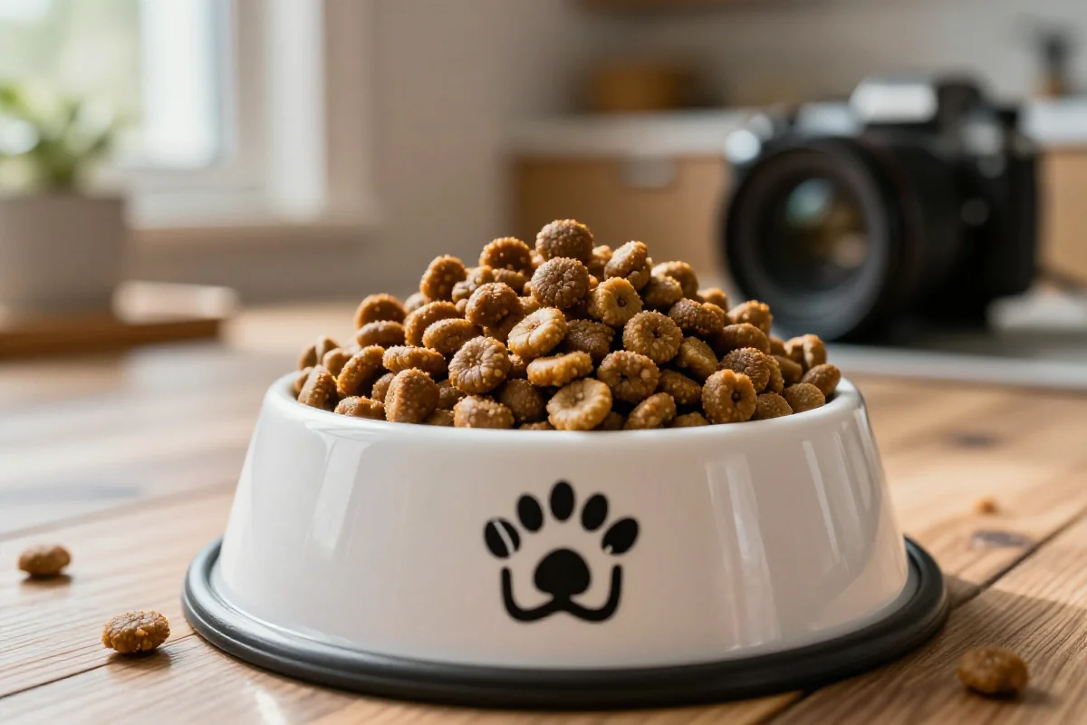 En hundeskål med næringsrik tørrfôr kibble på kjøkkengulvet.