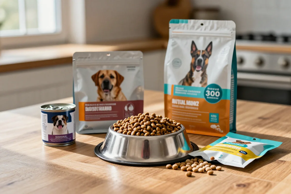 Ulike typer hundemat som kibble, våtfôr og kosttilskudd på et bord.