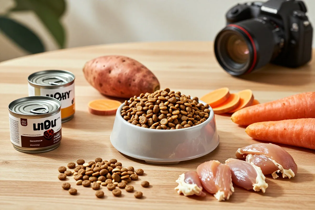 Friske ingredienser og hundemat for provokasjonsfasen av eliminasjonsdiett.