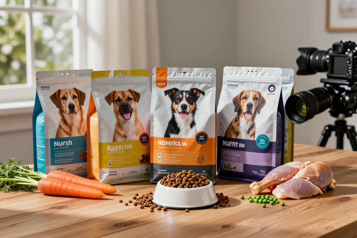 Ulike hundematprodukter og ferske ingredienser for hunder.