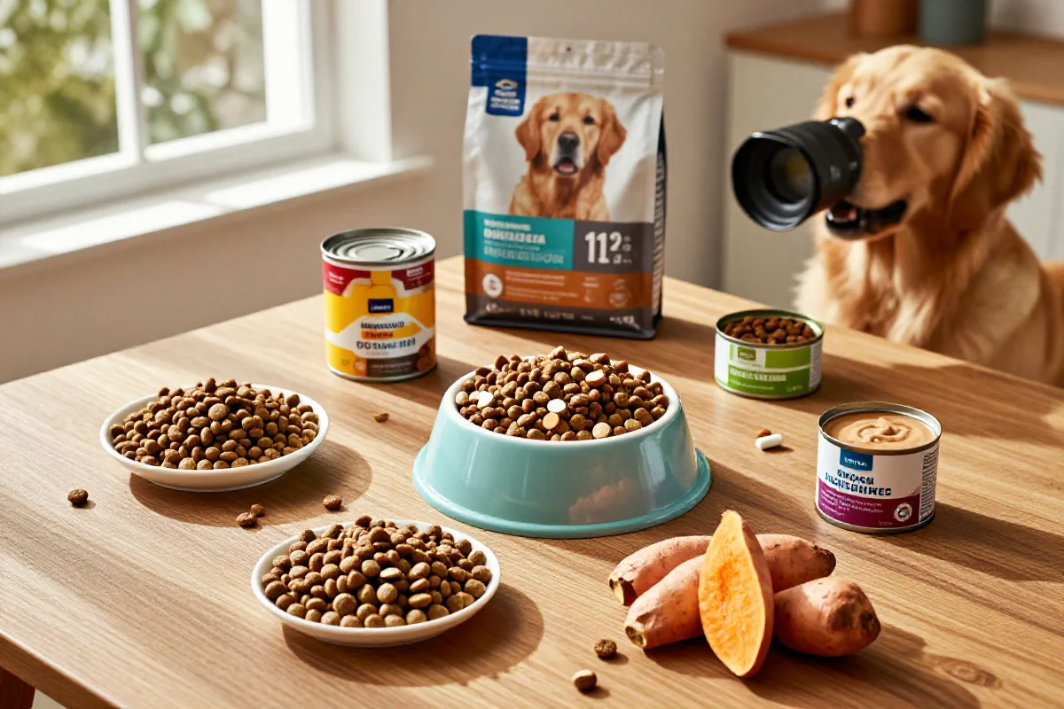 Høyverdig hundemat og kosttilskudd for Golden Retrievere på et trebord.