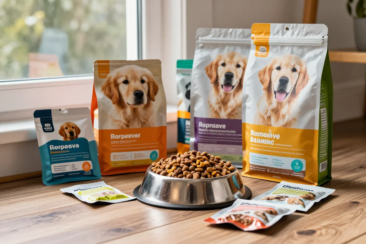 Fôr til Golden Retriever valper med tørrfôr og våtfôr i en skål.