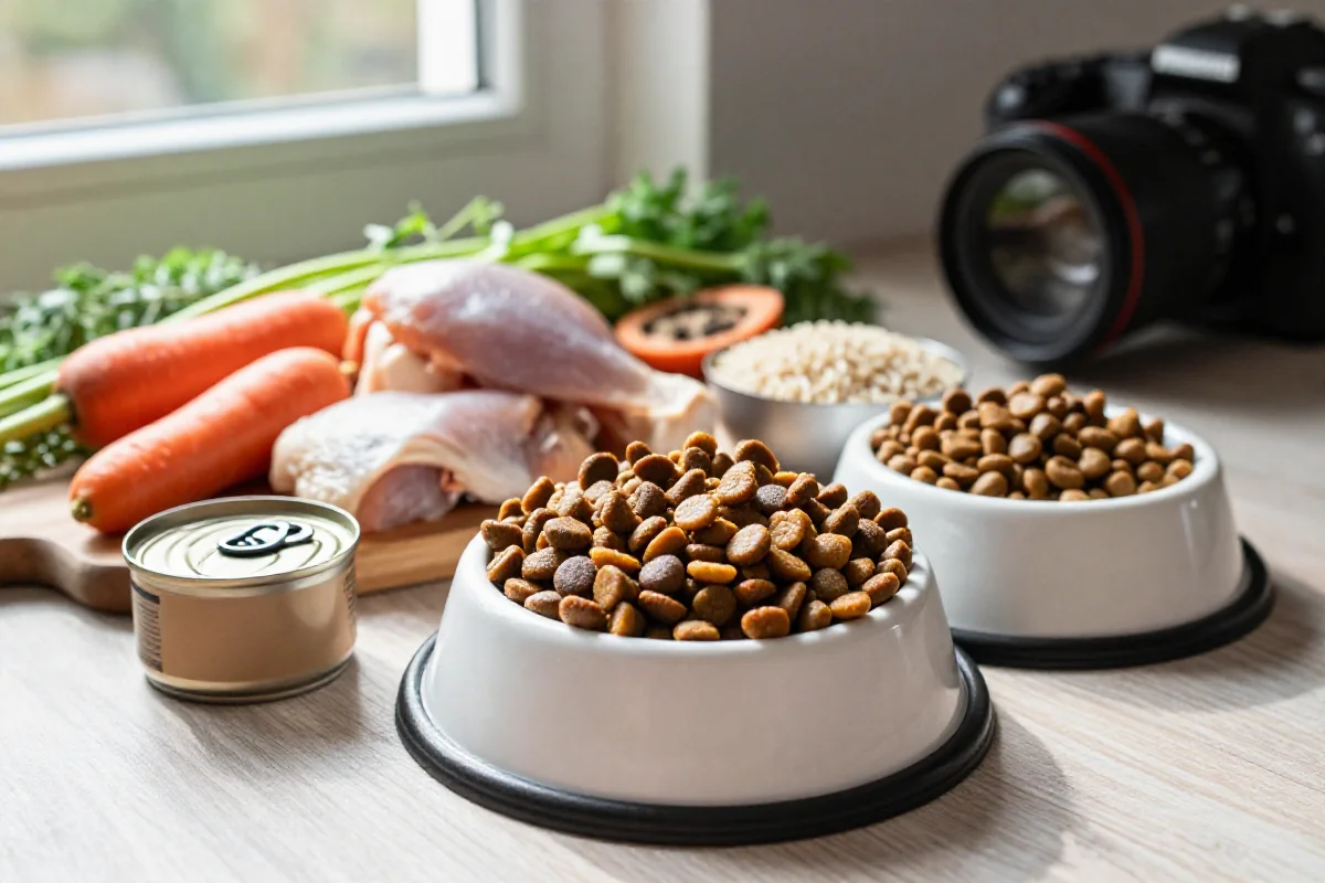 Fotorealistisk bilde av hundemat og sunne ingredienser for trygg vektøkning.