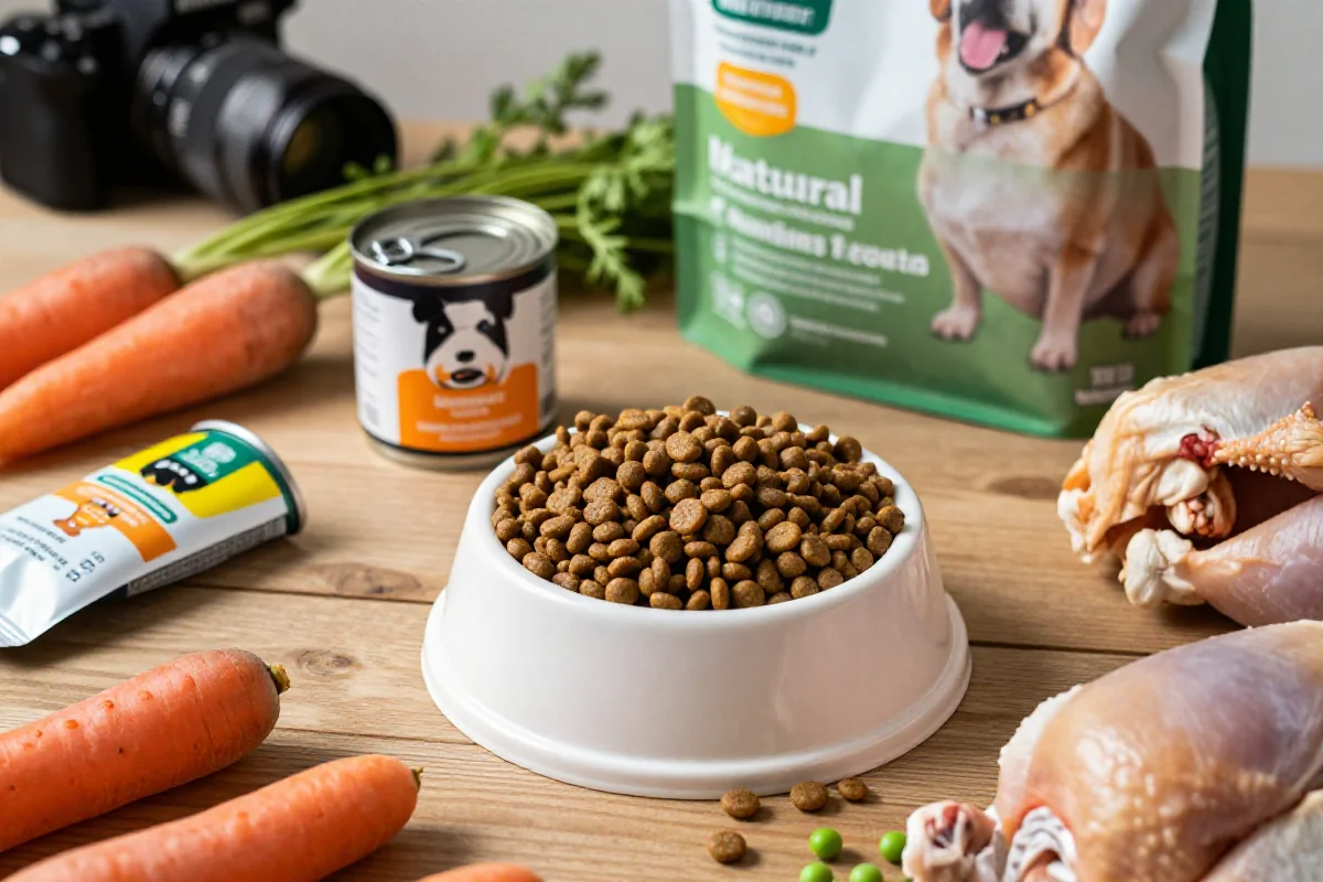 Bilde av hundematprodukter og friske ingredienser på et trebord.