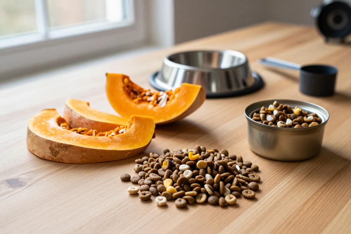 Naturlige ingredienser for hundemat: gresskar, tørrfôr og våtfôr.