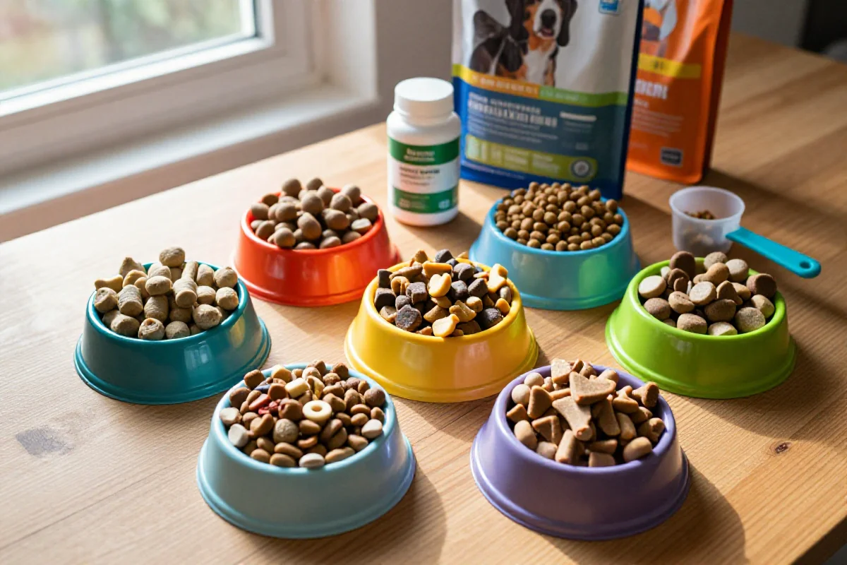 Variasjon av hundegodbiter og kibble i fargerike skåler på bordet.