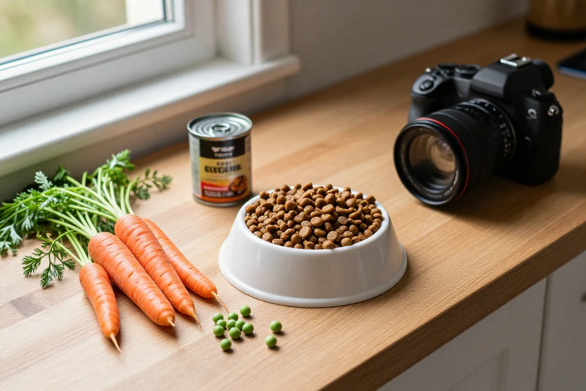 Bowl med tørrfôr og våtfôr, med friske ingredienser rundt.