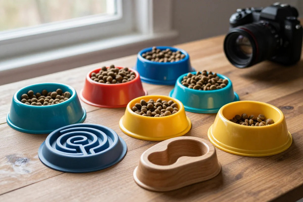 Forskjellige typer slow feeders for hunder på et trebord, inkludert plast og silikon.