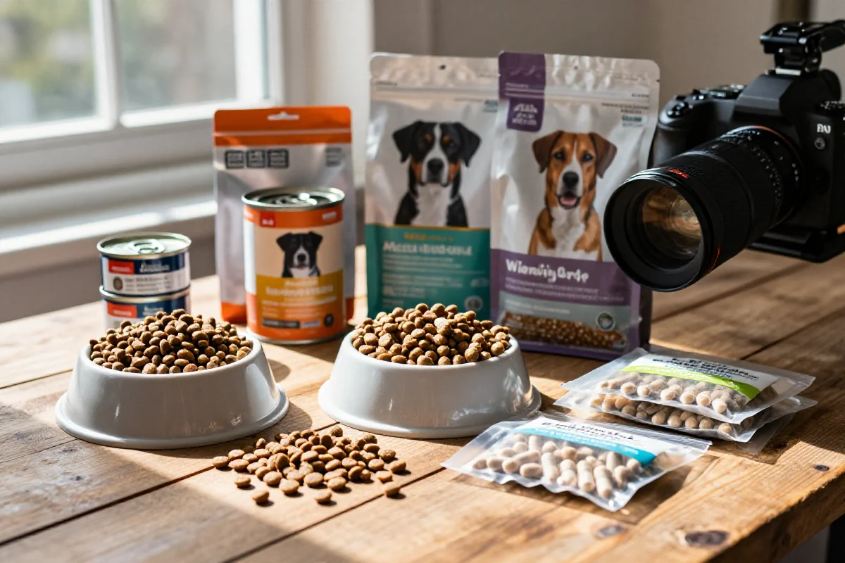 Ulike hundematprodukter og tilskudd på et rustikt bord.