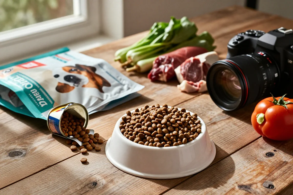 Variasjoner av hundemat og ingredienser på et rustikt bord