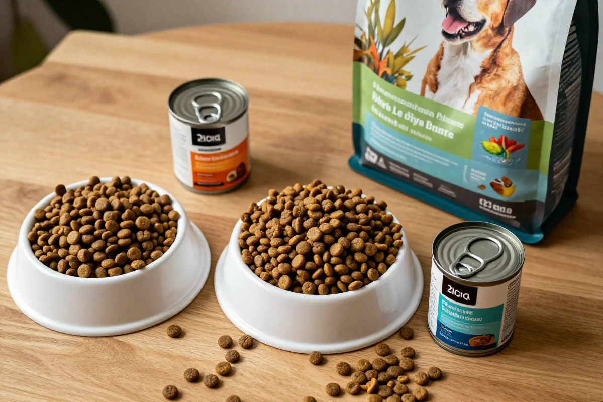 Variert hundemat med kibble, våtfôr og ingredienser på bordet.
