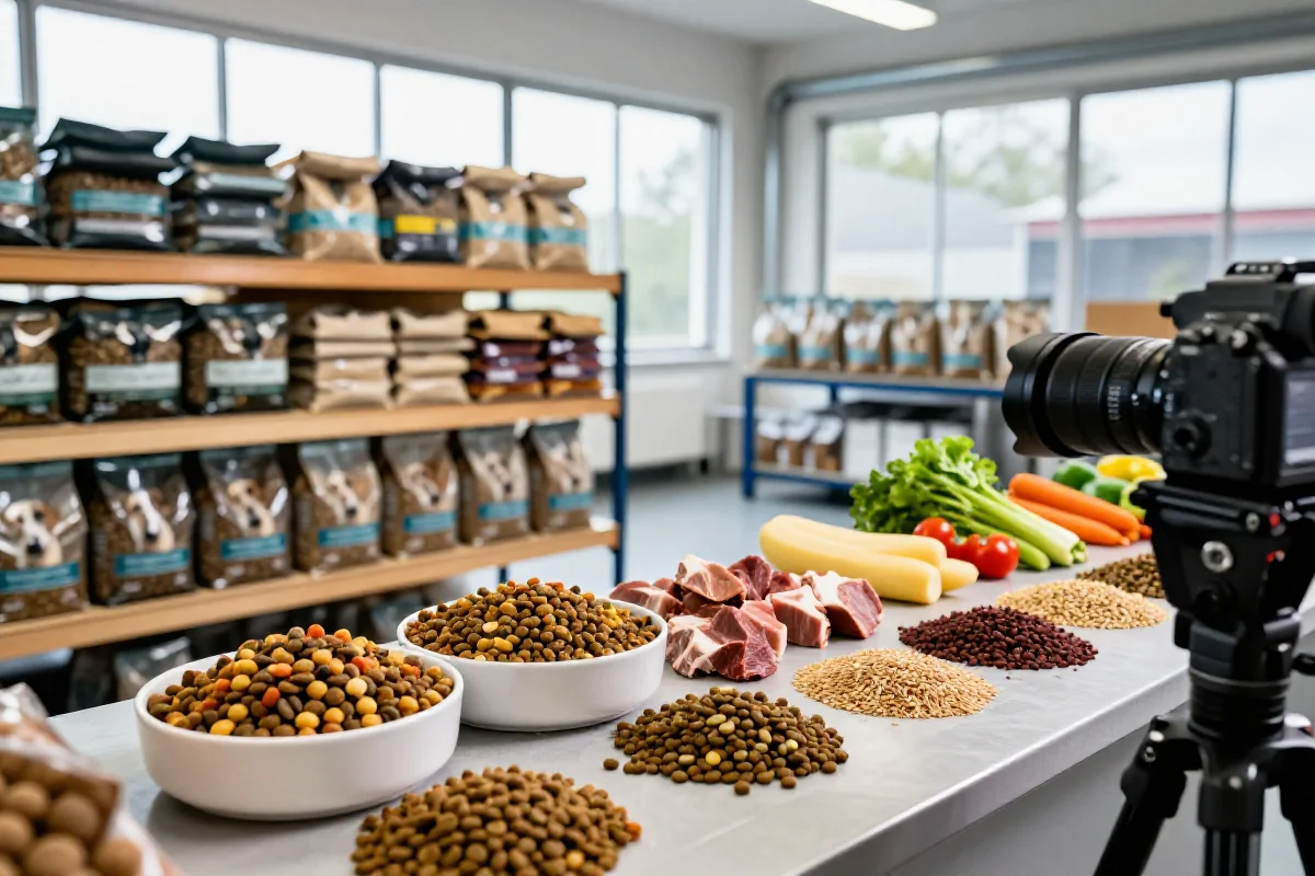 Produksjon av hundemat med kibble og ferske ingredienser.