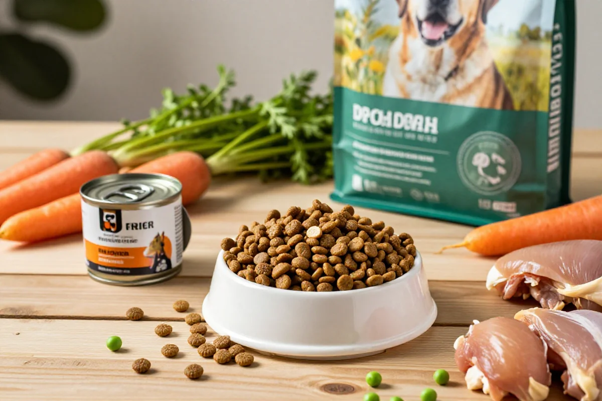 Variert hundemat med tørre og våte produkter, friske ingredienser og hundeskål.