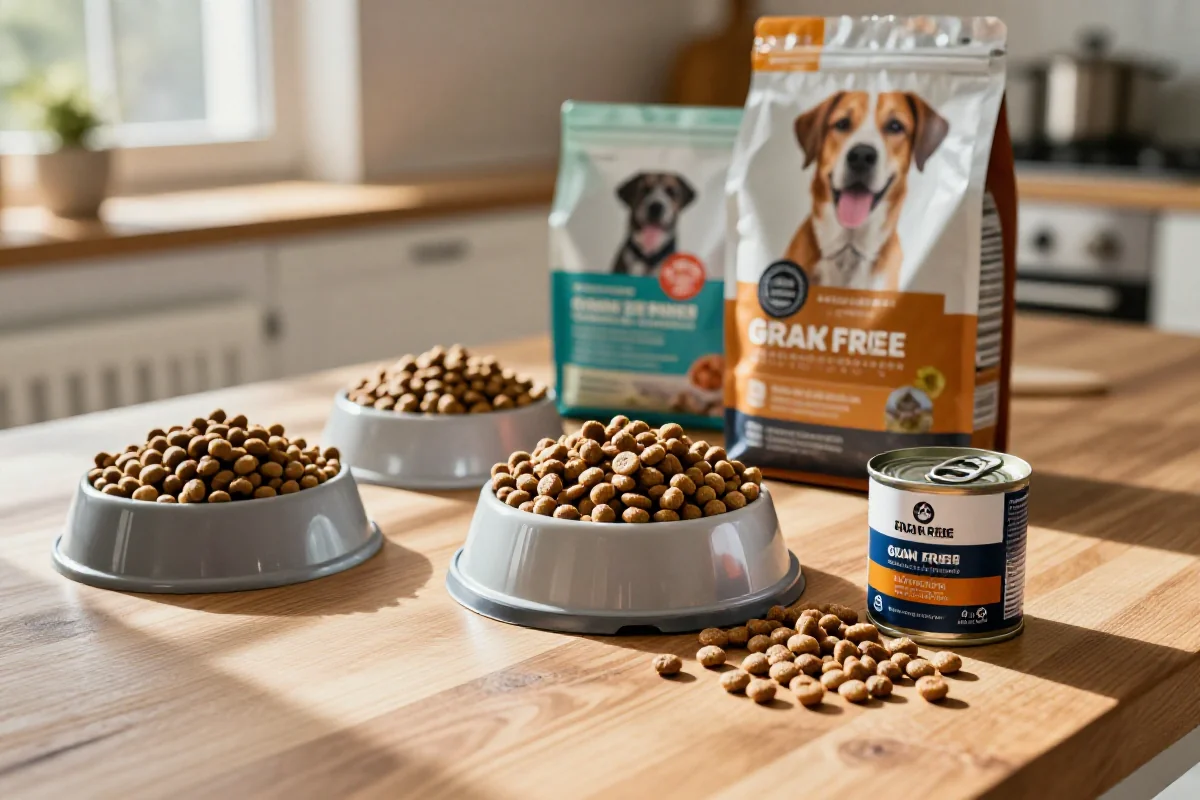 Varierte hundematprodukter og ingredienser på et kjøkkenbord.