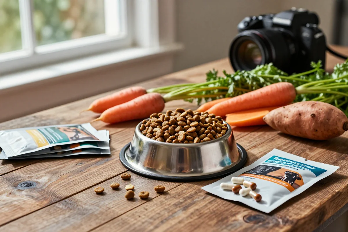 Variasjon av ingredienser i hundemat på et trebord, inkludert kibble og grønnsaker.