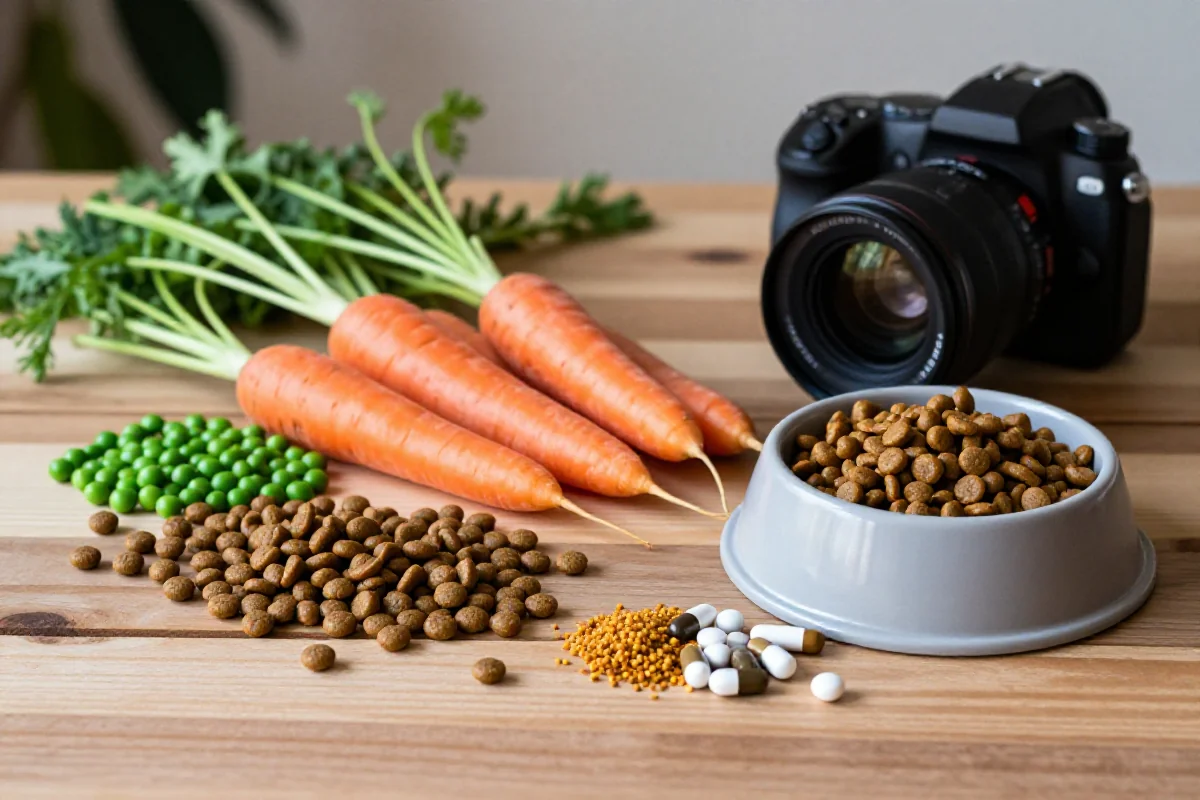 Høykvalitets ingredienser i hundemat som kibble og friske grønnsaker.