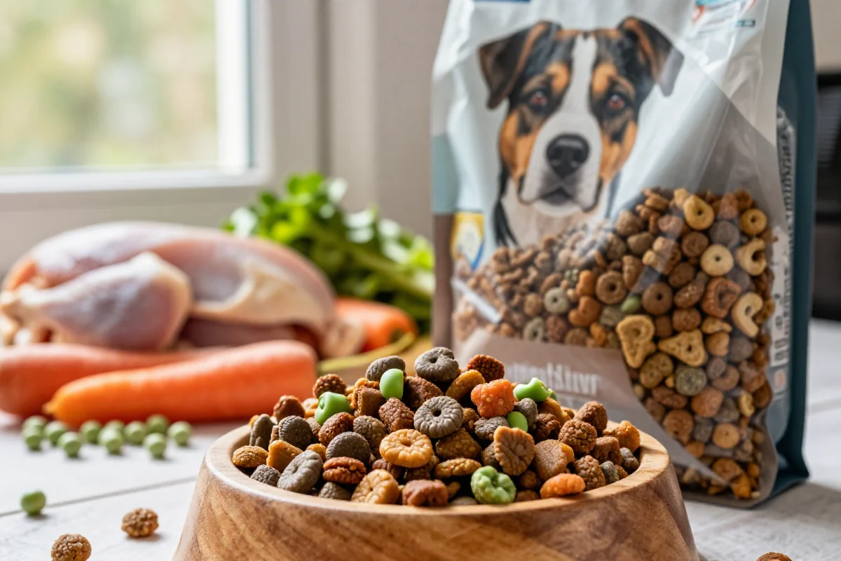 Åpen hundematpakke med kibble og ferske ingredienser på bordet.