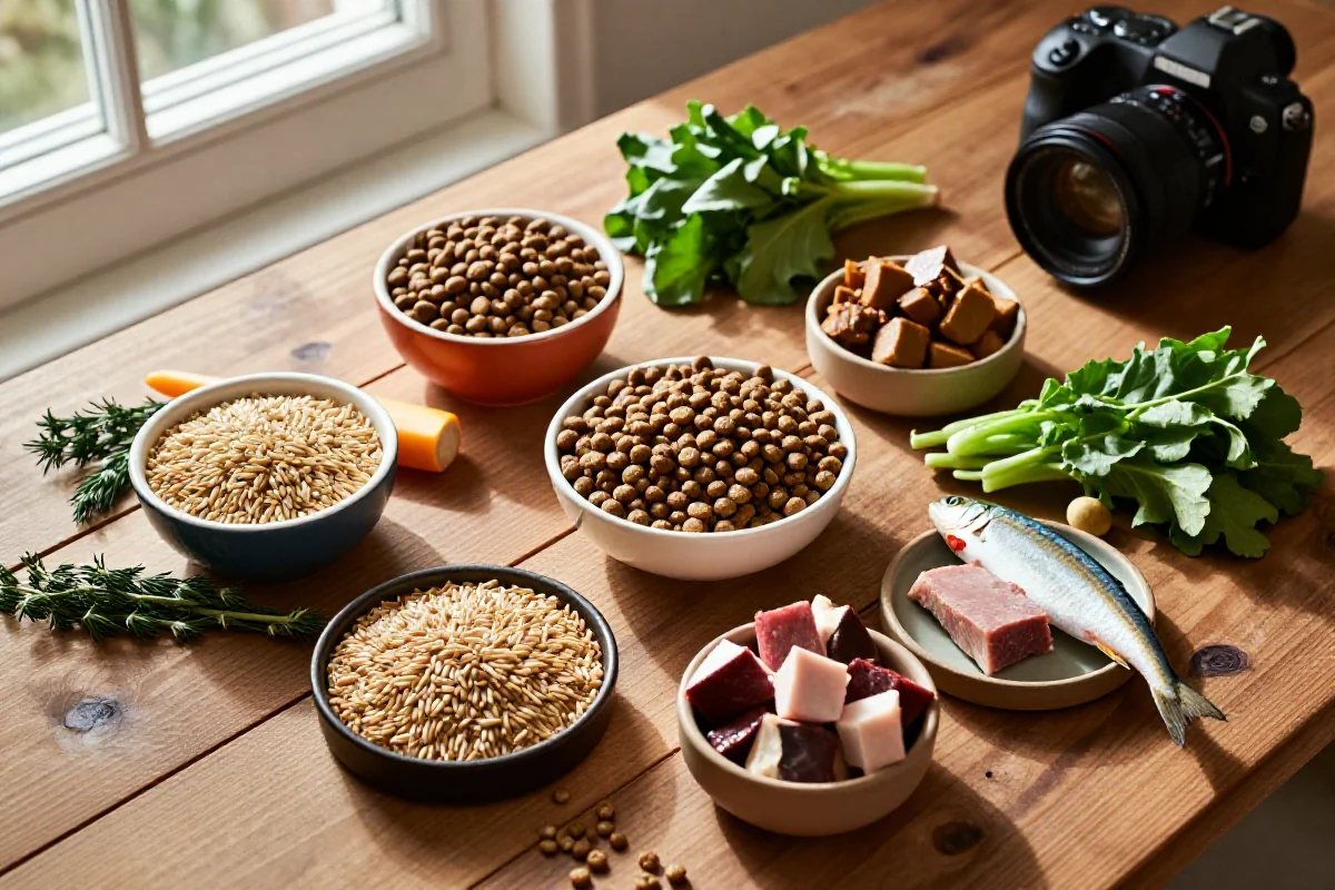 Ferske lokale ingredienser til hundemat på trebord, inkludert kjøtt og grønnsaker.