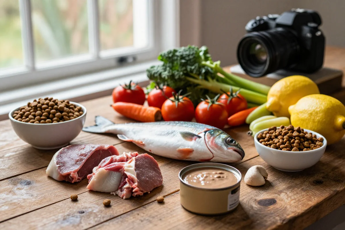 Naturlige ingredienser i hundemat som kjøtt, fisk, grønnsaker og frukt.