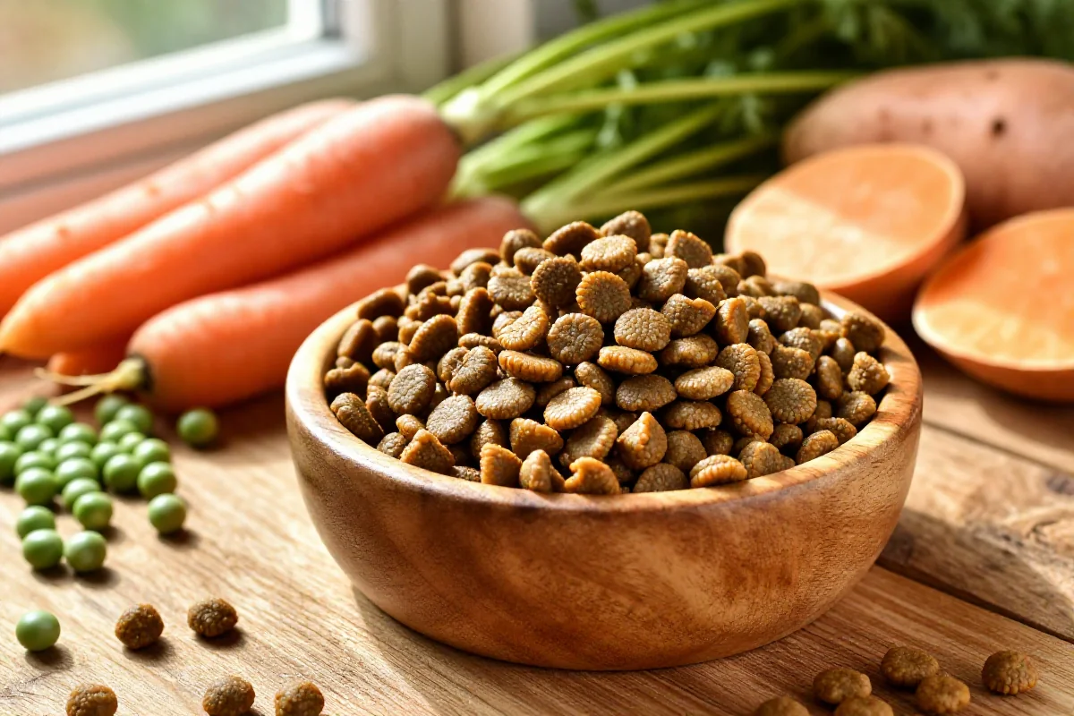 Økologisk hundemat i en trebolle med friske ingredienser.
