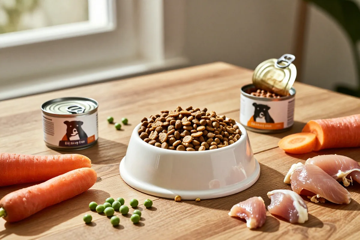 Variert hundemat med tørrfôr, våtfôr og ferske ingredienser på bordet.