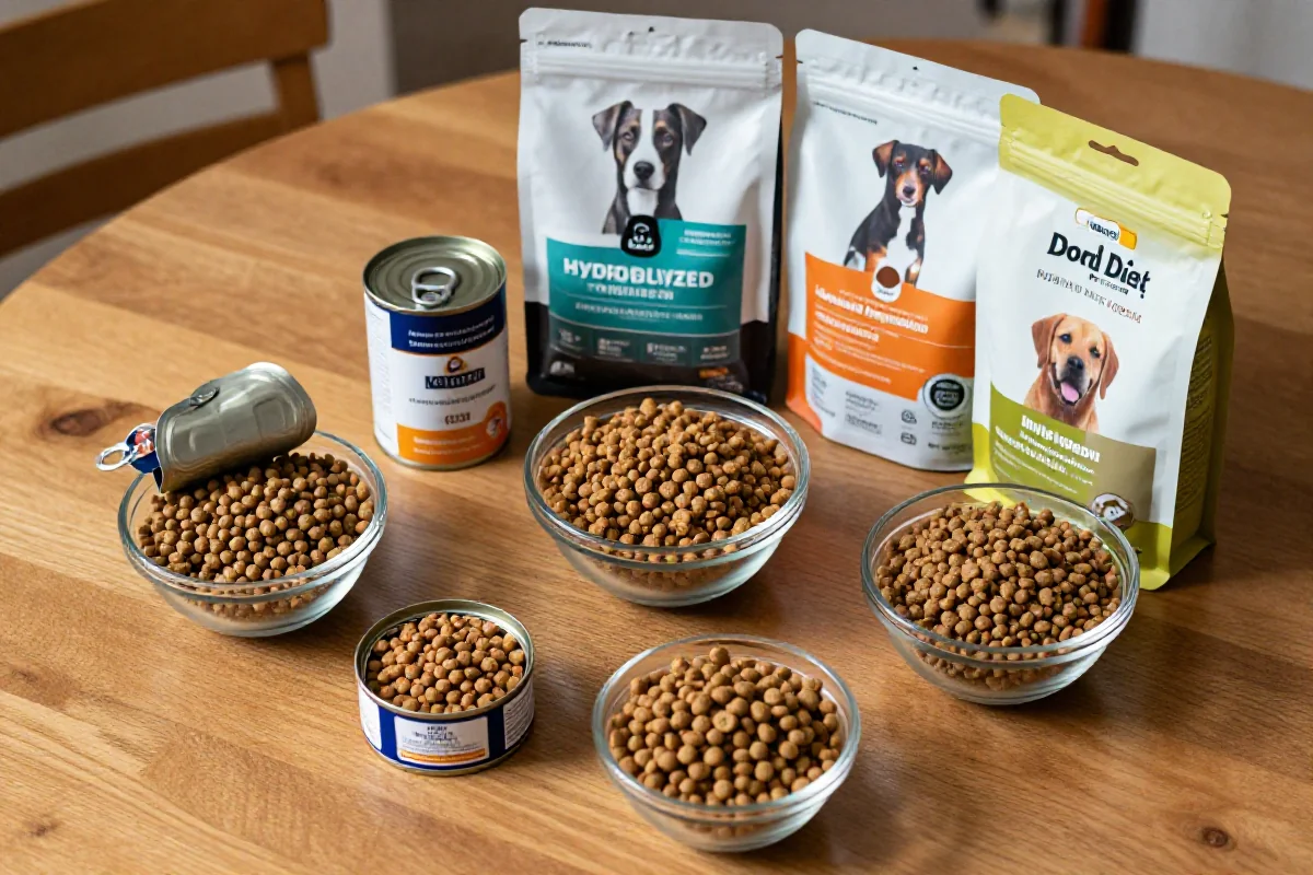 Utvalg av spesialdiett hundemat for allergier og mageproblemer.