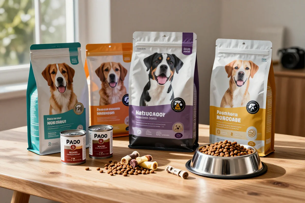 Variert hundemat med tørrfôr og våtfôr på en treoverflate.