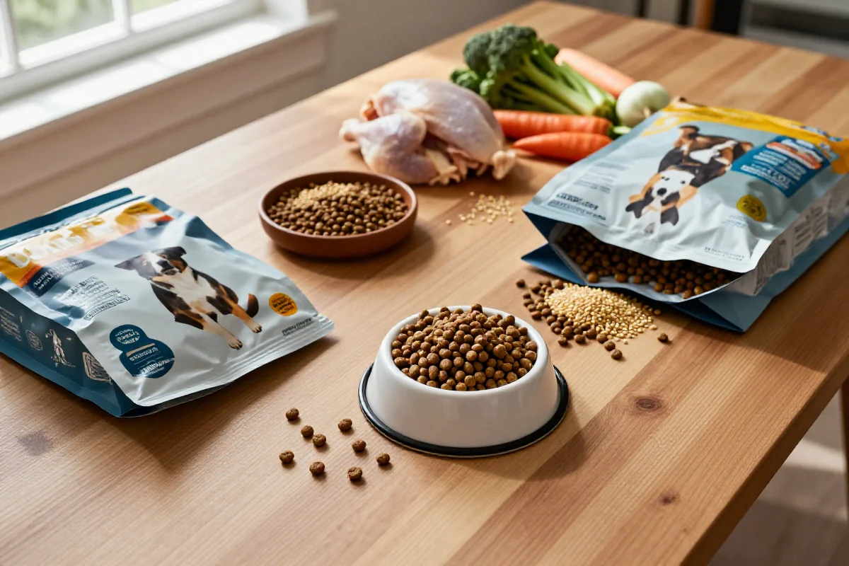 Variert hundemat og ingredienser på et bord, fokus på hundens ernæringsbehov.