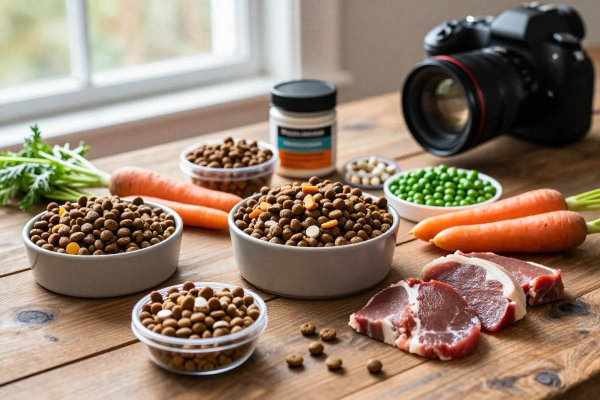 Boller med hundematingredienser som kjøtt, grønnsaker og kibble.