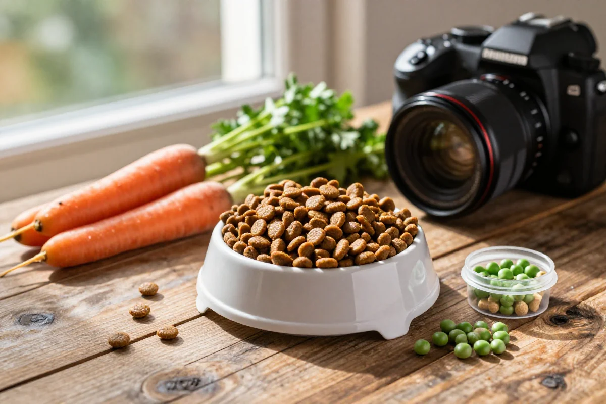 Bilde av hundemat ingredienser som kibble, grønnsaker og kosttilskudd.