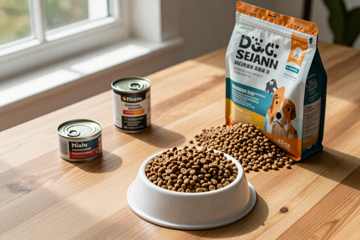 Bilde av hundematprodukter med kibble og våtfôr på et trebord.