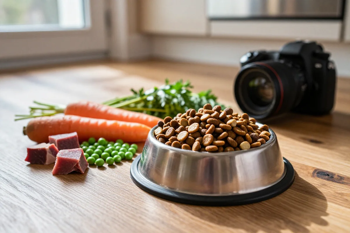 Hundematskål med tørr hundemat og ferske ingredienser på kjøkkengulvet.