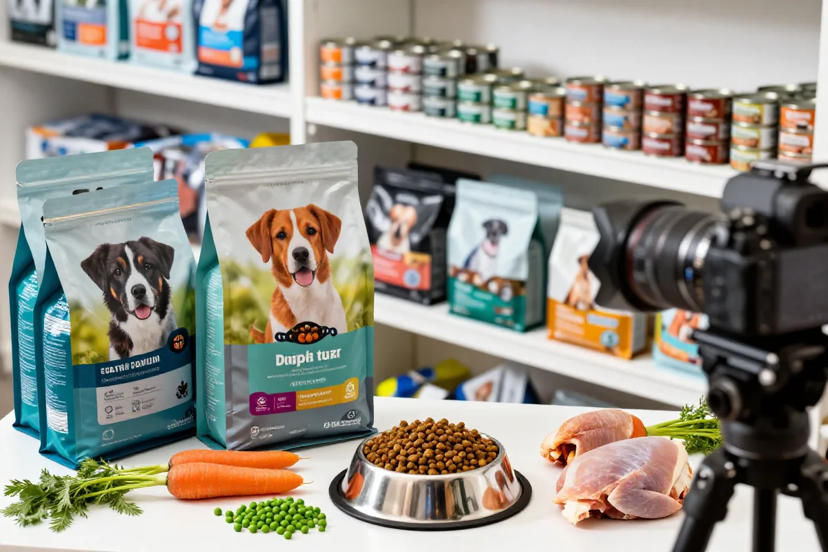 Organisert hundematproduksjon med kibble, våtfôr og friske ingredienser.