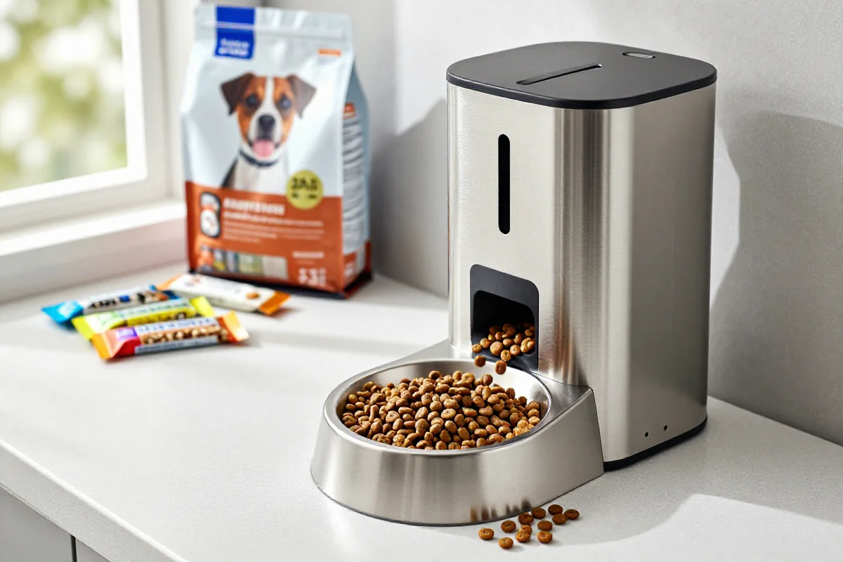 Automatisk hundefôringsløsning med kibble i en hundeskål i et kjøkken.