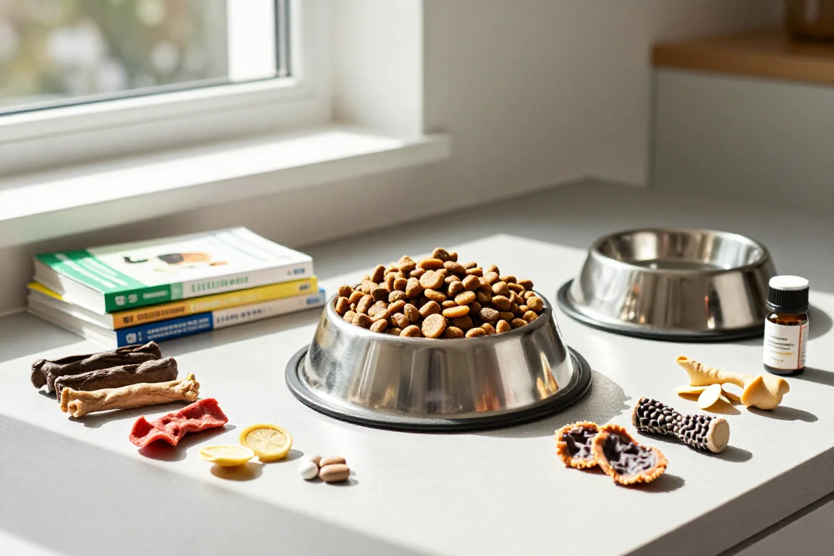 Hundeernæring før konkurranse med hundemat, snacks og vannskål.
