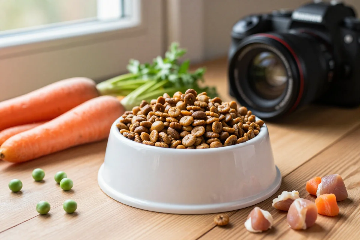 Hundemat for små hunder med tørre kibble og friske ingredienser.