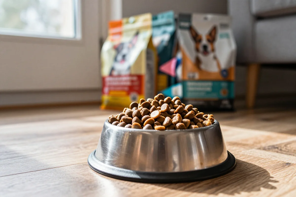 Hundeskål med tørrfôr og hundematpakker i et koselig hjem