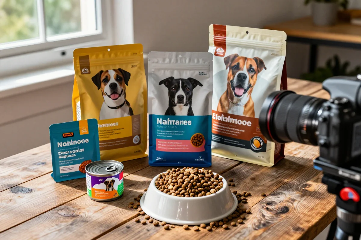 Ulike hundematprodukter på et rustikt bord, inkludert tørrfôr og våtfôr.