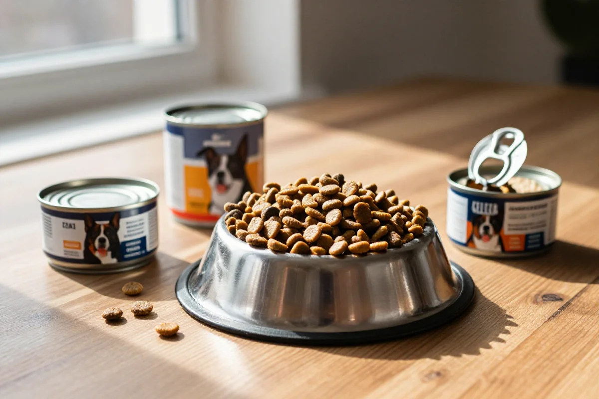 Variert hundemat som kibble og våtfôr på et bord.