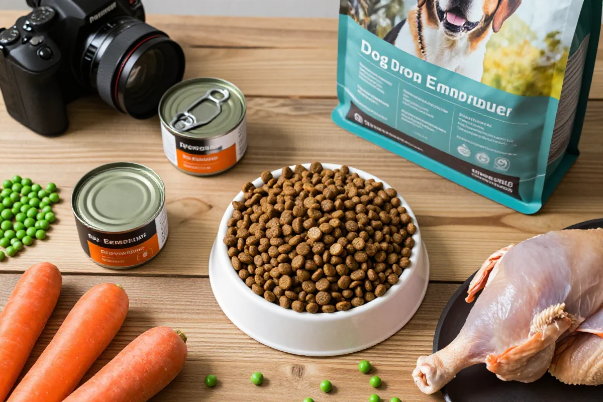 Variert hundemat og naturlige ingredienser på trebord, fokus på hundenæring.