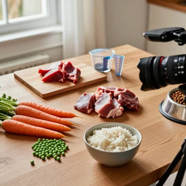 Ingredienser til hjemmelaget hundemat på et kjøkkenbord.