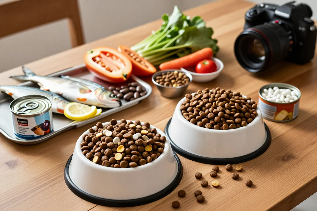Boller med tørrfôr og våtfôr for hunder, omringet av friske ingredienser