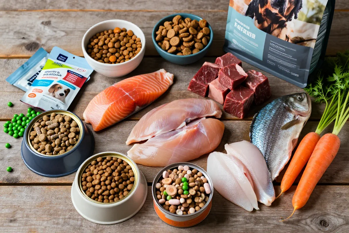 Høy kvalitet hundemat ingredienser og næringskilder på trebord.