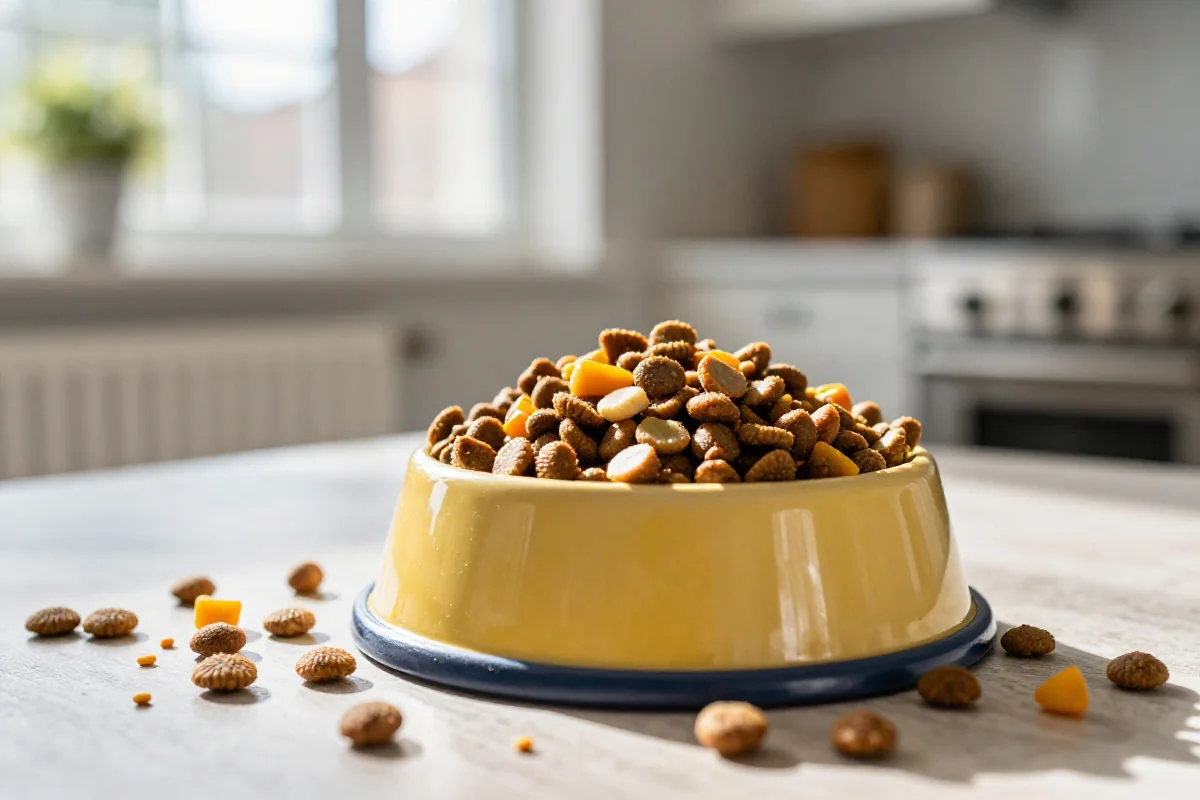 Hundemat med kibble og næringsrike ingredienser i et hundebolle
