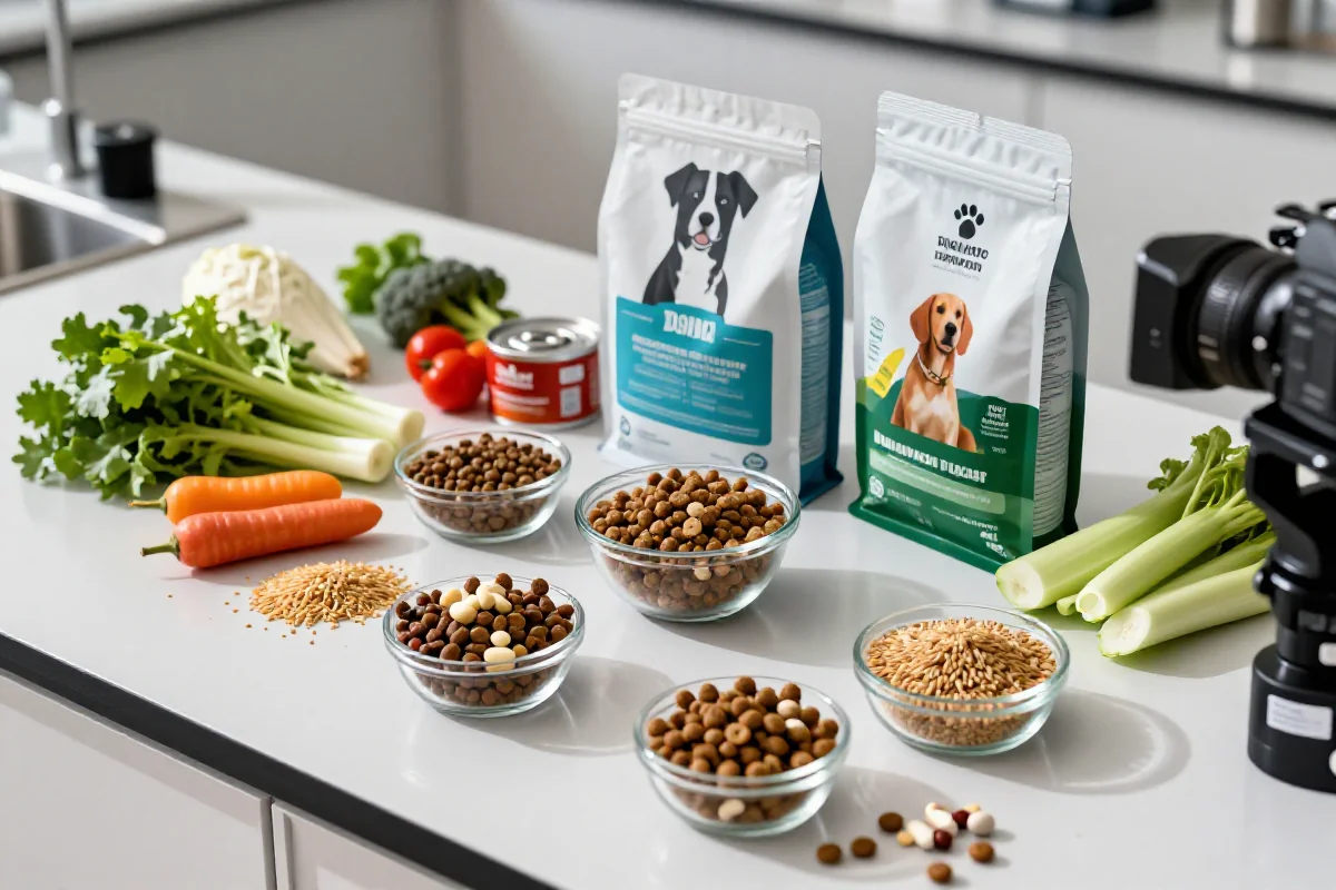 Laboratoriemiljø med hundemat og ingredienser for vitaminanalyse