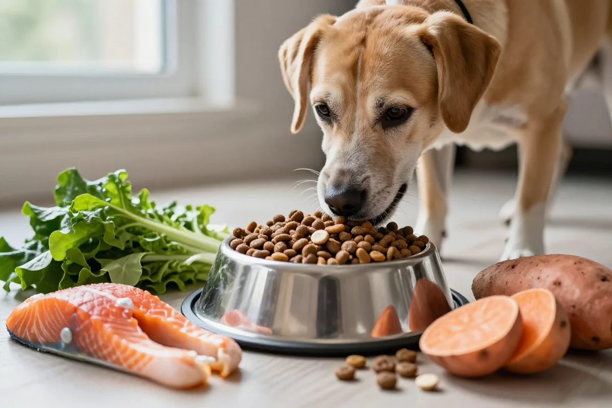 Hundeernæring med sunn mat og fôr for bedre hud- og pelshelse.