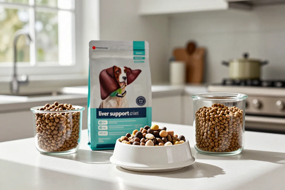Variert hundemat for hunder med leversykdom i en belysning av naturlig lys.