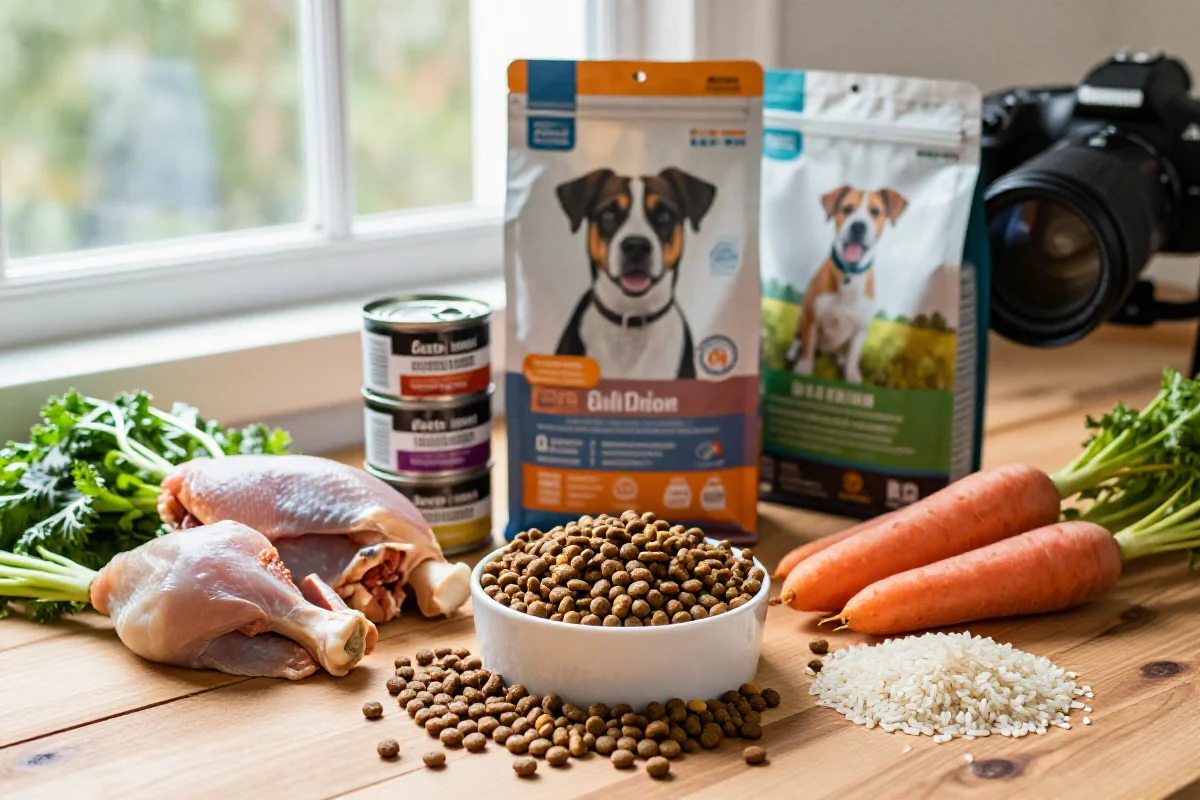 Variert hundemat for ulike livsfaser med kibble og ferske ingredienser.